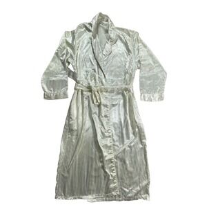 Kathryn Wrap Robe Womens Small White Satin Striped Sleepwear Belted Waist Retro